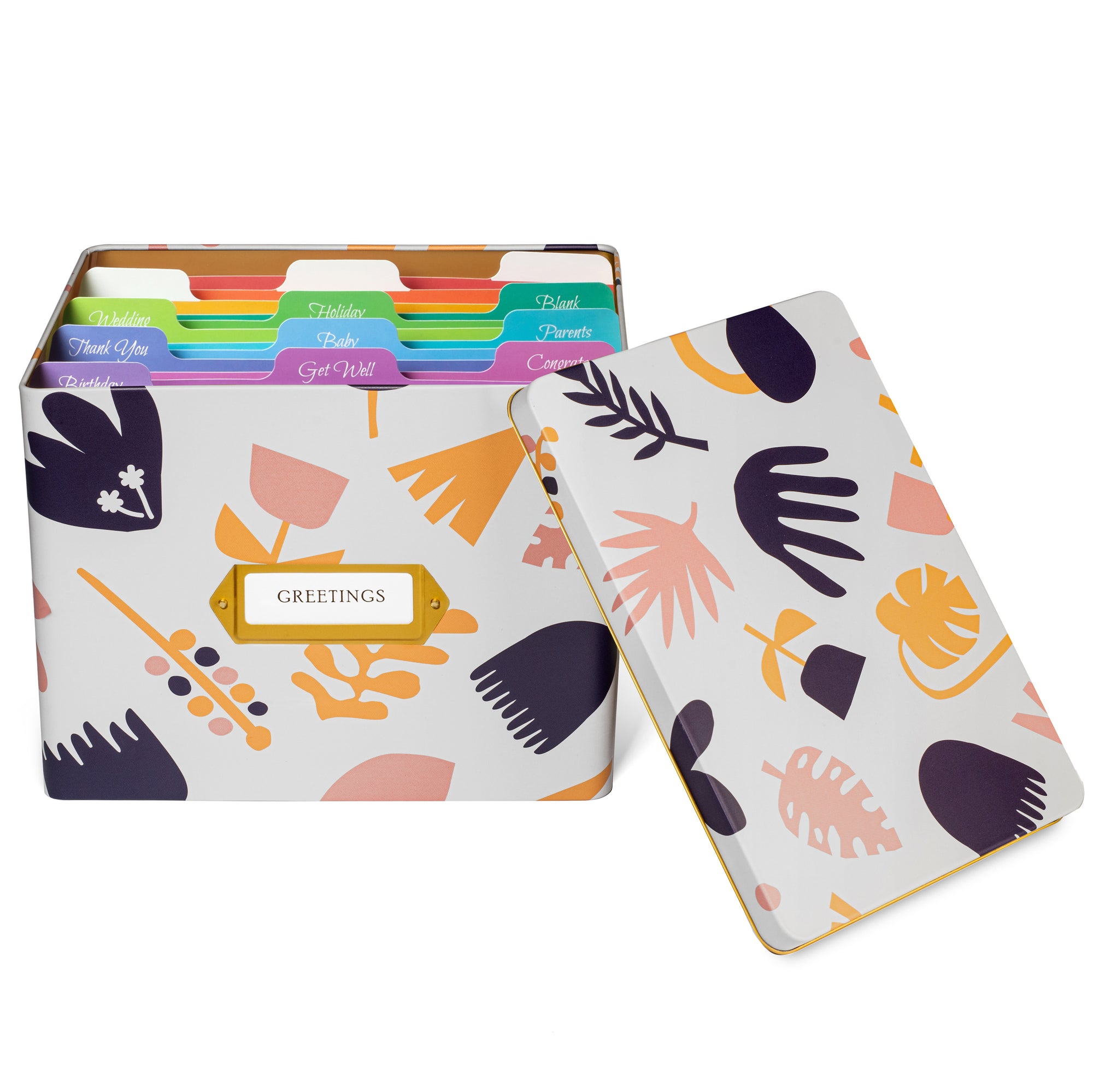 Jot & Mark Greeting Card Organizer Box Set | Decorative Tin Tab Dividers Matching Greeting Cards and Envelopes (indigo Leaves)