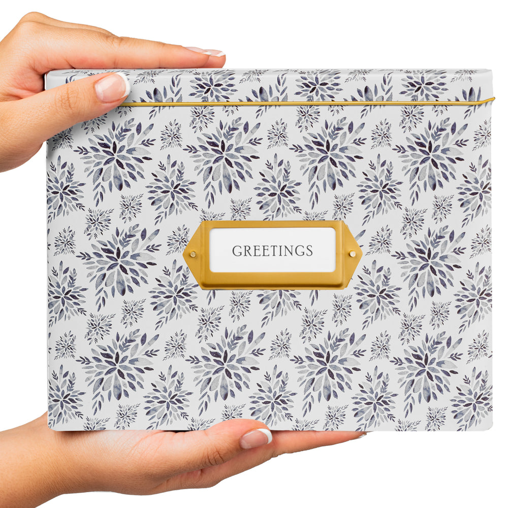 Jot & Mark Greeting Card Organizer Box Set | Decorative Tin Tab Dividers Matching Greeting Cards and Envelopes (indigo Leaves)