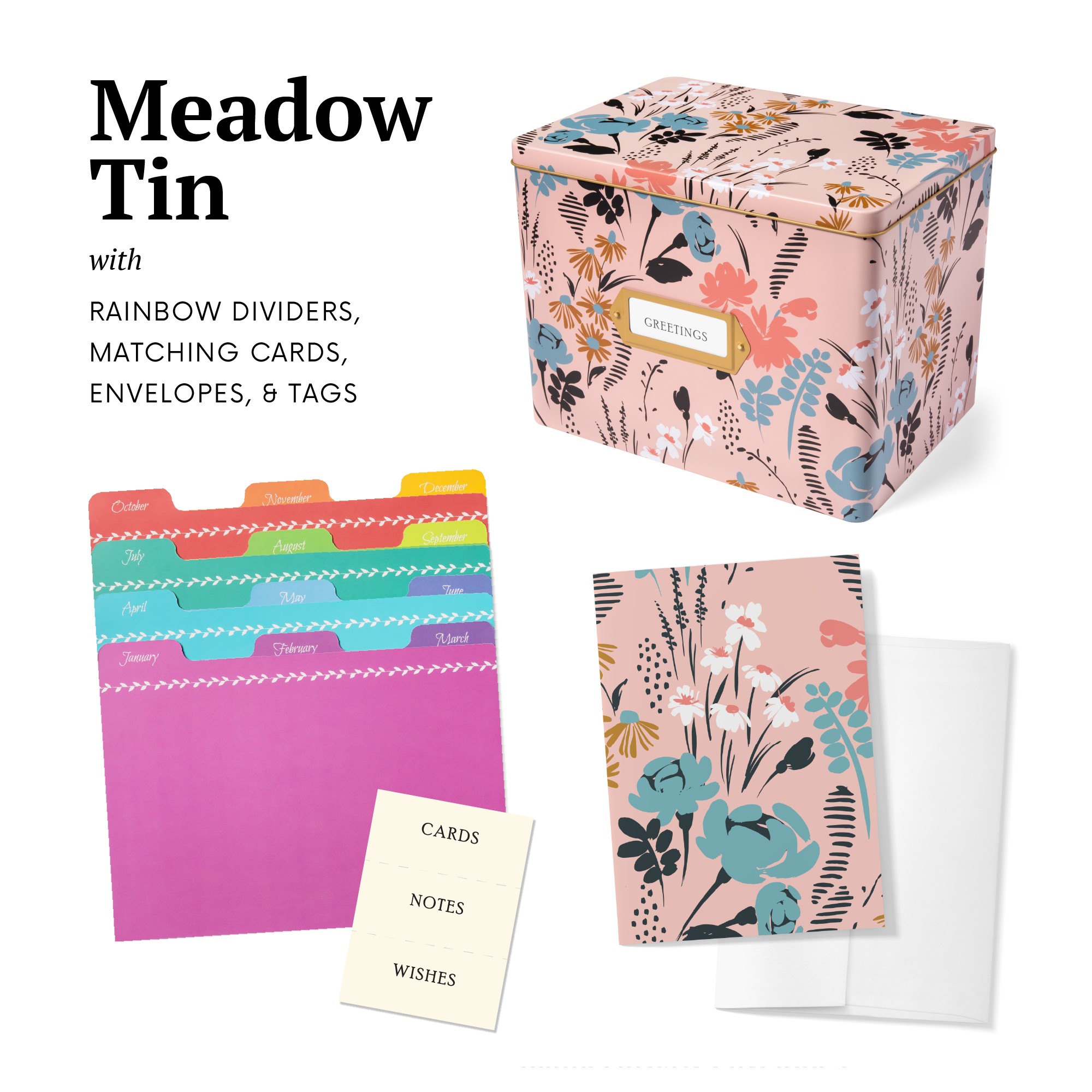 Jot & Mark Greeting Card Organizer Box Set | Decorative Recipe Tin Box, Tab  Dividers, Matching Greeting Cards and Envelopes (Indigo Leaves)