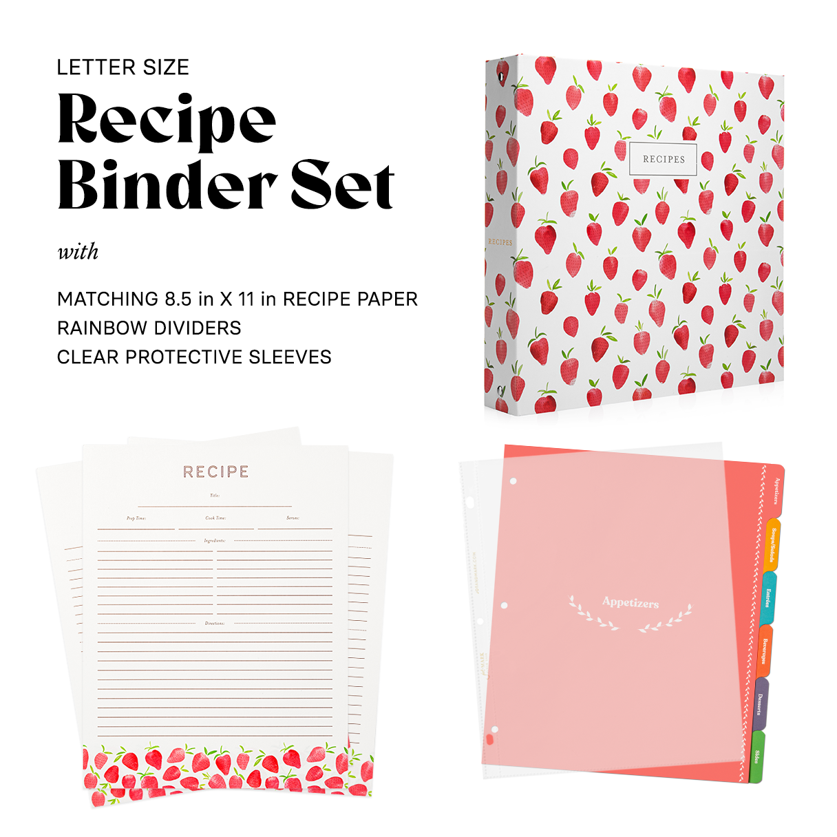 Recipe Binder Kit 8.5x11 (Strawberry Wilds) - Full-Page with Clear Pro –  Jot & Mark